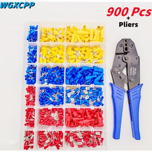 900pcs insulated cable connector + pliers, crimping terminal U shovel 2.8/3.8/6.3MM kit cold pressing butt auto parts terminator