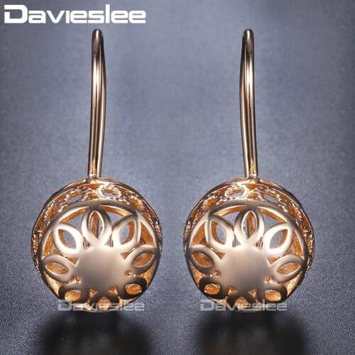 Davieslee Dangle Earring for Women Engraving Flowers Round Ball Womens Earring 585 Rose Gold Filled Jewelry Fashion Gift DGE124