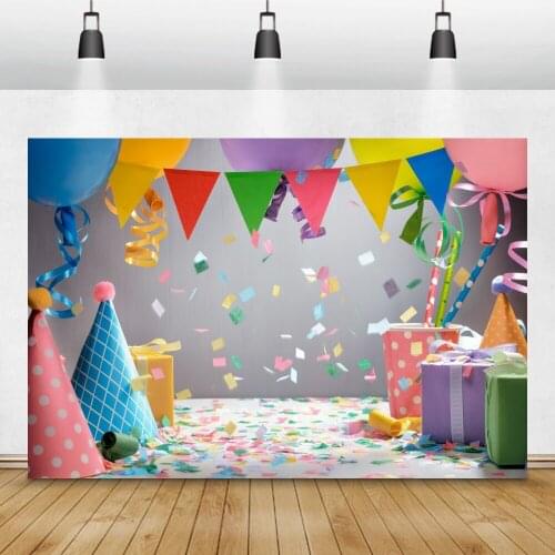 Laeacco Photo Backgrounds Balloons Baby Birthday Party Decor Flag Gift Ribbons Portrait Photo Backdrops Photocall Photo Studio
