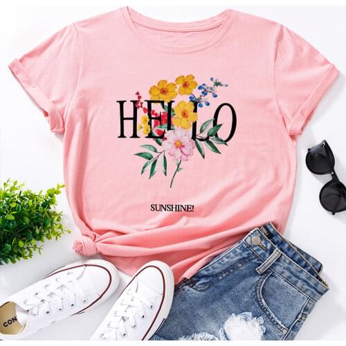 Womens Graphic Tees Cotton Short Sleeve Crew Neck Loose T Shirt Tops Female Summer Casual Clothes Flowers Black Hello