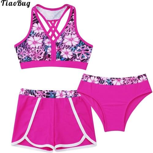 TiaoBug Summer 3Pcs Kids Girls Swimwear Print V Neck Sleeveless Open Back Crop Tops With Briefs And Shorts Set Beach Pool Suit