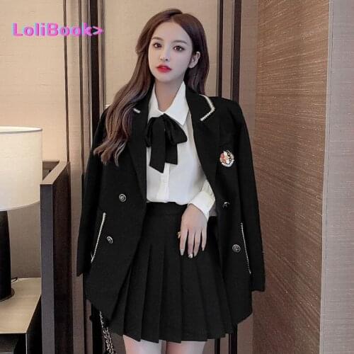 Lolibook Women 2021 Autumn New College Style fashion suit three-piece suit jacket student pleated skirt blouse