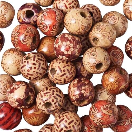 13mm/16mm/22mm 100PCS Natural Printed Wooden Beads Round Wood Dreadlock Beads for Jewelry Making DIY Bracelet Mixed Patterns
