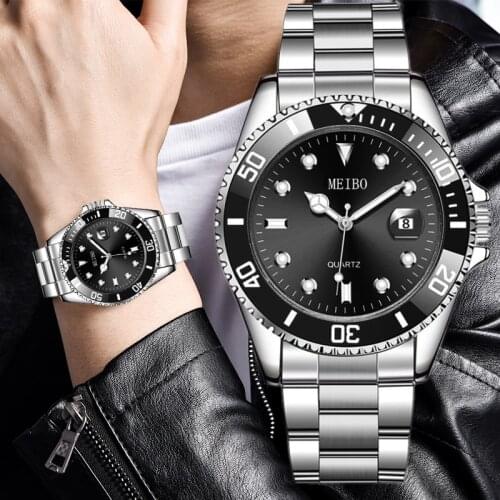 2020 New Mens Watch Luxury Business Stainless Steel Band Quartz Watches Green Dial Calendar Clock Wrist Watch relogio masculino