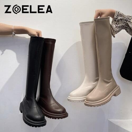 Slim Flat Thigh High Boots Platform Women Slim Thick Sole Knee-High Boots Women Shoes Black Winter Long Motorcycle Boots Women