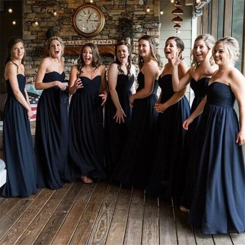 Navy Blue Pleat Chiffon Wedding Party Dress Strapless A Line Sleeveless Long Dresses For Bridesmaid 2020 Cheap Women Gowns