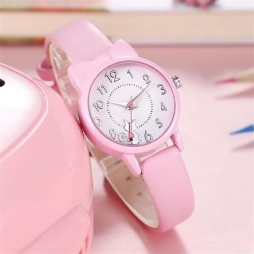 High Quality Cute Girl Watch Kids Cute Leather Strap Cat Watches Lovely Kid Children Quartz Student Wristwatch free shipping
