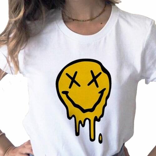 Tops Water Drop Smiley Fashion print ladies T-shirt casual basis O-collar white shirt short sleeve ladies T-shirt,Drop Ship
