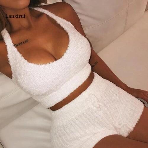 Summer flannel two pieces set solid women streetwear sweatshirts crop top+ shorts outfit fashion tracksuit velvet clothing 2020