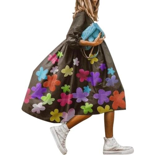 Women Fashion O Neck Half Sleeve Floral Leopard Print Large Hem Baggy Long Dress