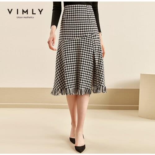 Vimly Winter Womens Houndstooth Skirt Fashion High Waist Slim Elegant Office Wear Bottoms Knee Length Mujer Faldas F2190