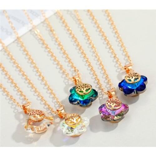 1PC Vintage Bohemia Flower Lucky Tree Crystal Pendant Necklace For Women Simple Geometric Necklace Chain Choker Jewelry N202