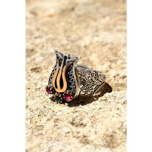 925 Sterling Silver Emerald and Ruby Filigree Ring Inlaid Mardin Assyrian Turkish Adjustable Finger Width Jewelry Tulip