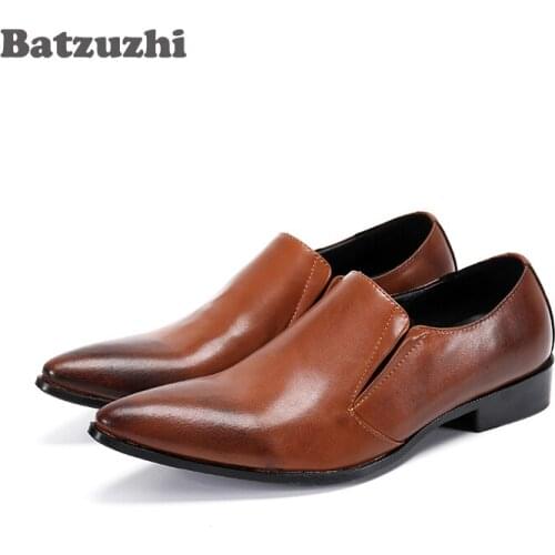 Batzuzhi Handmade Mens Leather Shoes Pointed Toe Brown Genuine Leather Oxford Shoes for Mens Business Chaussures Hommes,EU46