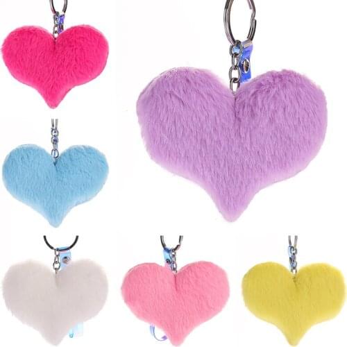 Cute Fluffy Heart Keychains Womens Pom Poms Faux Rabbit Fur Key Chains Girl Bag Hang Car Pendant Plush Couple Key Ring Jewelry