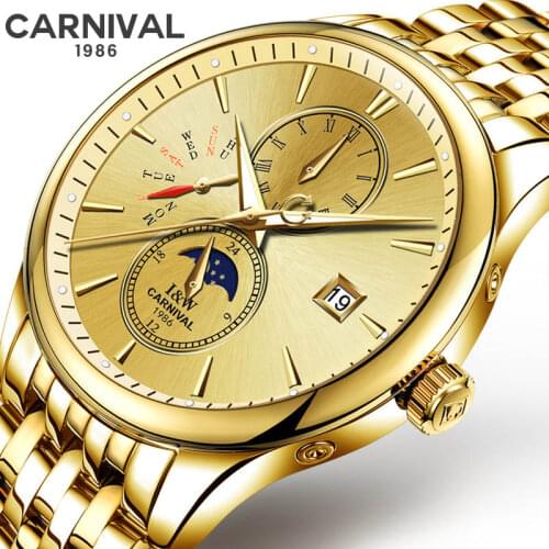 CARNIVAL Top Luxury Brand Waterproof Mechanical Watch Steel Strap Moon Phase Calendar Multifunction Sports Mens Watches New