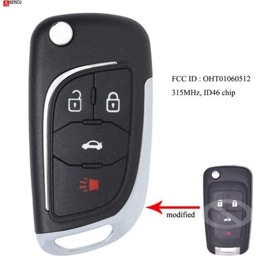 Keyecu Modified Flip Remote Control Key With 3+1/ 4 Buttons 315MHz ID46 Chip - FOB for Chevrolet Equinox 2010-2017, OHT01060512