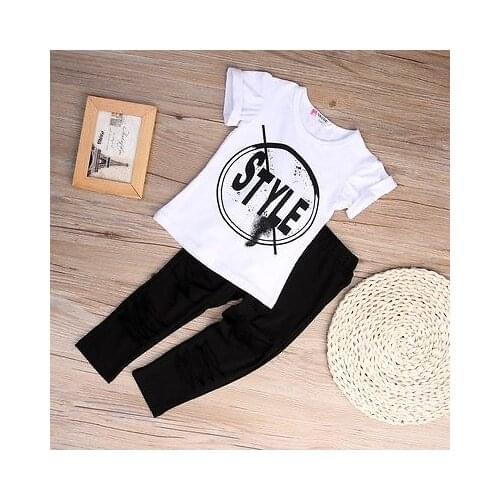 Little Girls Summer 2PCS Outfit Set Short Sleeve Letter Pattern Round Neck Top Long Solid Color Slim-Fit Hollow Pants Set