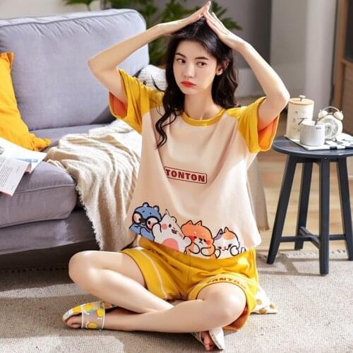 Summer Knitted Cotton Cartoon Pajamas Sets Women Pyjamas Sleepwear Nightwear Pijama Mujer Plus Size Calf-Length Pants Homewear
