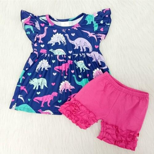 Hot sell kids summer cartoon outfit girl dinosaur top and icing ruffle shorts 2 pieces set baby girl casual outfit