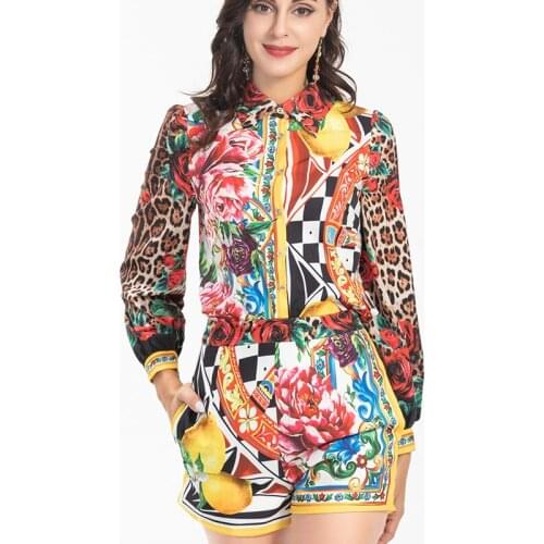 Fashion Runway 2021 Autumn Shorts Set Women Single Breasted Shirt+Mini Shorts Flowers Printed High Quality Suit
