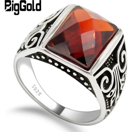 925 Sterling Silver Men Ring with Red Cubic Zircon Vintage Mural Finger Ring for Man Street Punk Fashion Jewelry