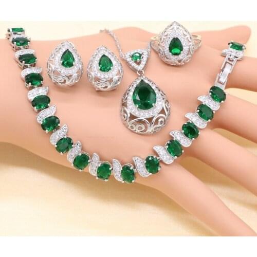 Sterling Silver Jewelry Sets Green Stones Cubic Zirconia Jewelry Sets For Women Earrings/Pendant/Necklace/Ring/Bracelet