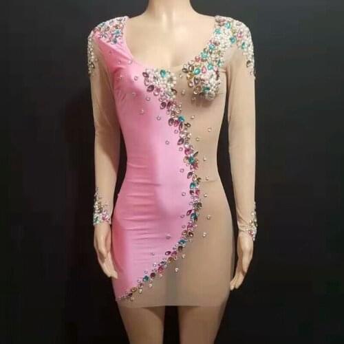 Pink Crystals Pearls Dress Sexy See Through Nightclub Party Birthday Outfit Bling Rhinestones Singer Stage Costume Dance Wear