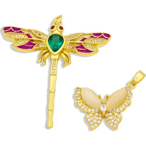 OCESRIO Luxury Brass Cubic Zirconia Animal Dragonfly Necklace Charms for Jewelry Making Supplies Large Gold Pendant DIY pdta324
