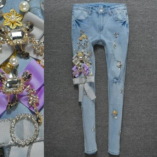 Ripped hole Handmade Diamonds Crysta Pencil Jeans Bling Bling Pants Women skinny jeans