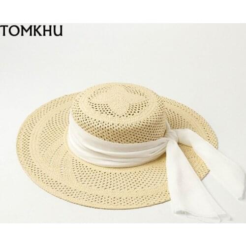New Spring Summer Hollow Flat-top Paper Straw Hats For Women Wide Brim Beach Vacation Sun Hat White Ribbon Decorate Casual Cap