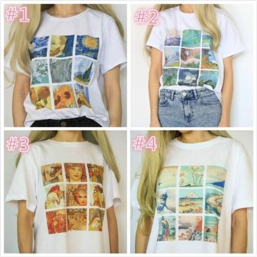 Kuakuayu HJN Van Gogh Monet Alphonse Mucha Hokusai Art Print Tshirt Summer Fashion Unisex Top Short Sleeve Cotton Women Tshirt
