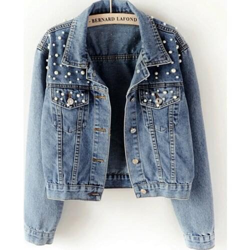 2020 Vintage Pearl Beading Short Denim Jackets Women blue Wash Long Sleeve Casual Jean Jacket Bomber Plus Size Denim Coat