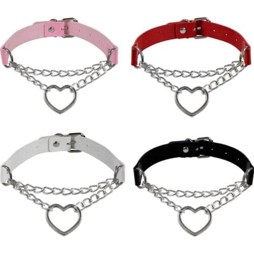 Women Hiphop cute cosplay Maid Collar Punk Gothic Leather Choker Metal Chain Harajuku Adjustable Heart Necklace Fashion JewelrC