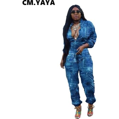 CM.YAYA Autumn Womens Jumpsuit Long Sleeve Zipper Moto Biker Style Bodycon Patchwork One Piece V-Neck Overall Rompers Outfits