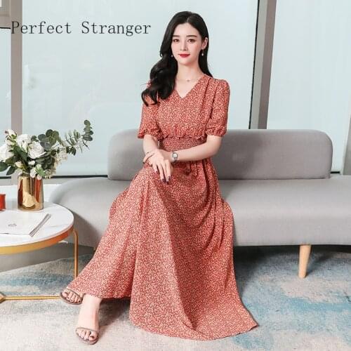 2021 Summer New Arrival Elegant S-3XL V Collar Collect Waist Flower Printed Puff Sleeve Women Chiffon Long Dress