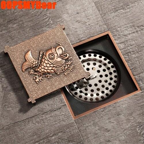 10*10 4 Inch Floor Drain Bathroom Hole Track Cover Water Water Stopper Grate Antique Fish Print Stainer Smell Proof Pipe Filter