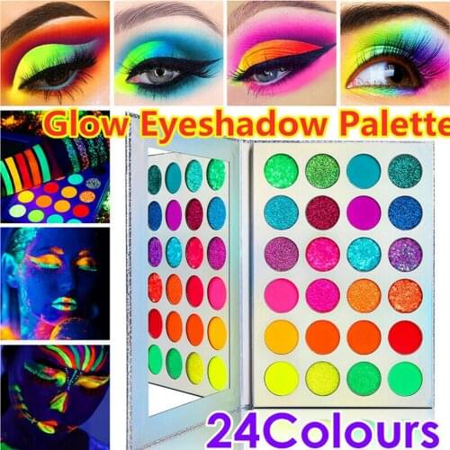 24 Colors Aurora Glow Eyeshadow Stage Clubbing Neon Makeup Kit Blacklight UV Glow In The Dark Fluorescent Eyeshadow Pallete