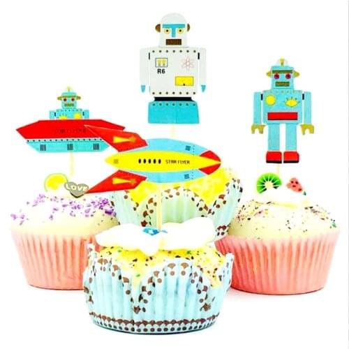 24pcs/lot Happy Birthday Party Cartoon Robot Theme Cake Picks Decoration Cupcake Toppers Baby Shower Boys Kids Favors Supplies