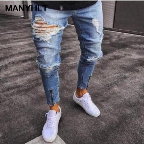European And American New Style Mens Knee-hole Denim Non-stretch Feet Zipper Fashion Casual Denim Mens Trousers Slim Pants