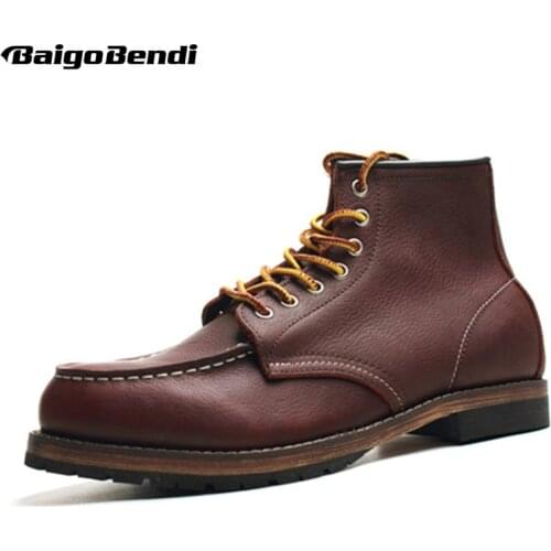 US5-11 Genuine Leather Lace Up Round Toe Work Safety Ankle Boots Mens Winter Snow Riding Boots