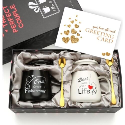 Coffee Couple Mugs Gift-Set - One Great Fisherman Best Catch of His Life Unique Engagement Wedding Gifts for Couples