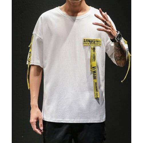 Summer style Men T Shirt Hip Hop O Neck Short Sleeve Casual Ribbon Decoration Streetwear Top Tees Men