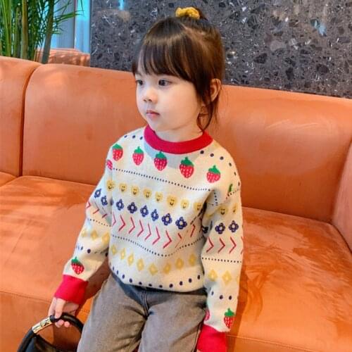 New Knitting Spring Winter Round Neck Pullover Sweater Girls Kids Childrens Warm Cute Printing Thicken High Quality Plus Velvet