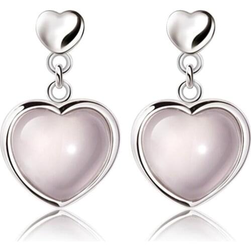 POPACC 925 Sterling Silver Simple Fashion Natural Pink Crystal Stone Heart Shaped Dangle Earrings For Women