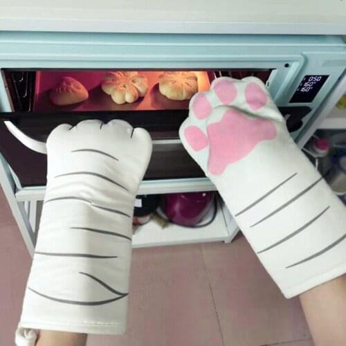 Cute Cartoon Cat Paws Oven Mitts Long Cotton Baking Insulation Microwave Heat Resistant Non-slip Gloves 3D Animal Kitchenware