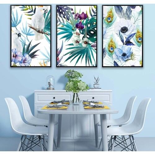 Nordic Nature Style Parrot Flower Peacock Feather Decorative Arts Canvas Paintings Wall Art Pictures for Living Room Home Decor