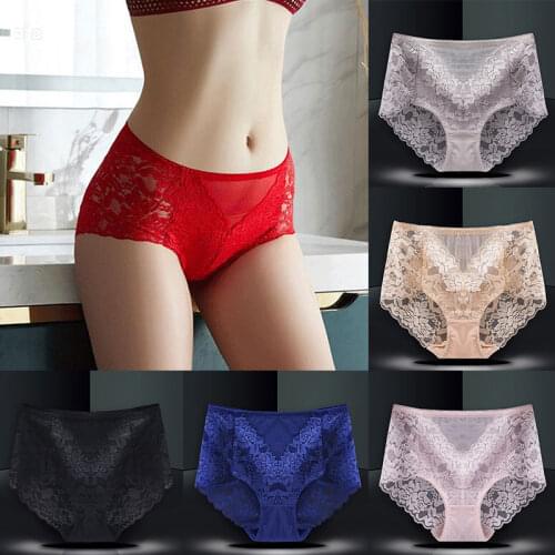 Fahion Women Thin Breifs Lace Breathable Large Underwear Panties Lingerie Hollow Seamless Middle Waist Underpants Solid Panty