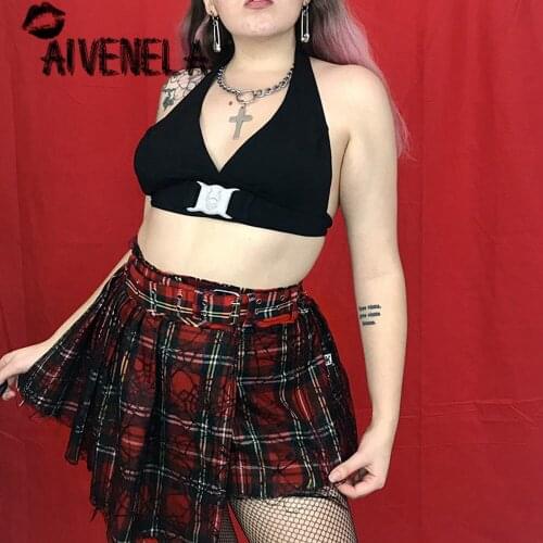 Harajuku Girls Gothic Irregular Plaided Skirt Grunge Punk High Waist Mini Spider Mesh Skirts женская юбка AFC1139