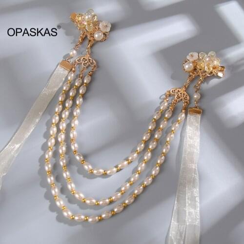 Pearl Tassel Hairpin Handmade Chinese Style Classical Tassel Hair Clip with Ribbon Decor Hair Accessory for Women Girls PT